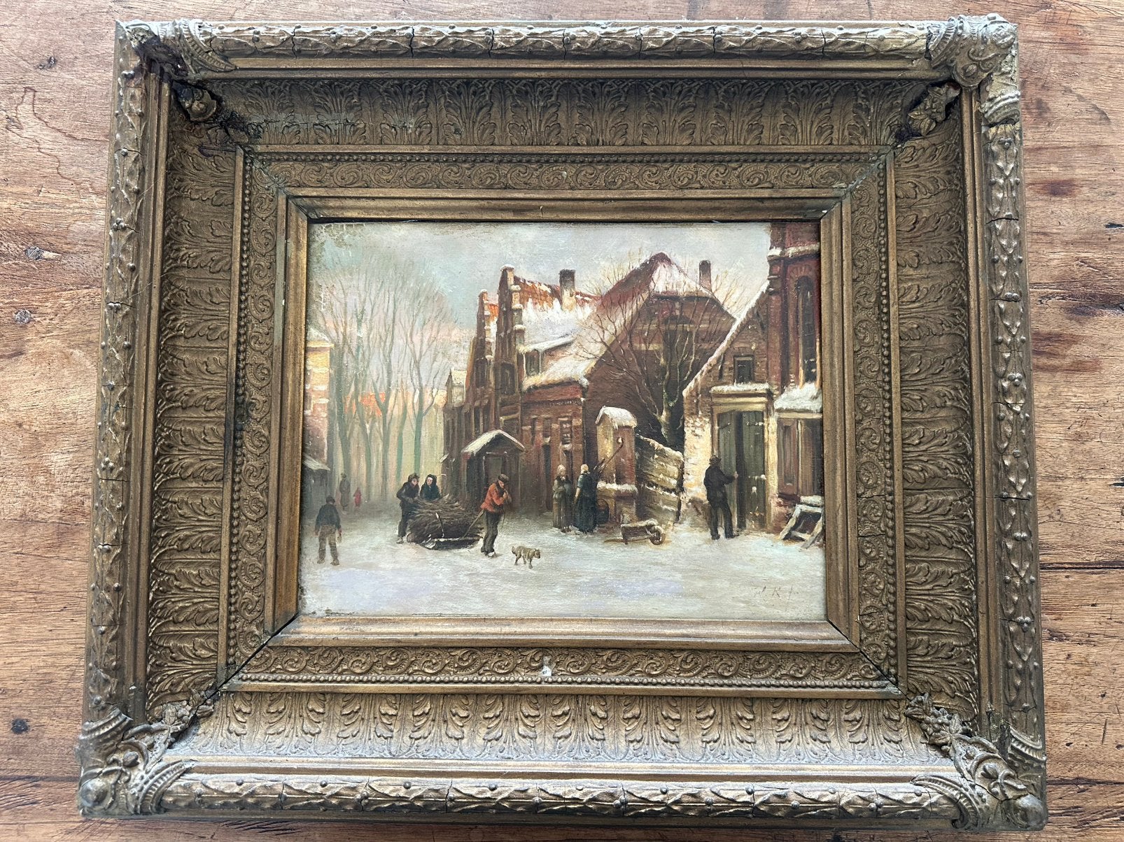 Olieverf schilderij Winters Stadsgezicht W. Koekkoek 1880, Ophalen, Paneel, Oud hollands, Olieverf