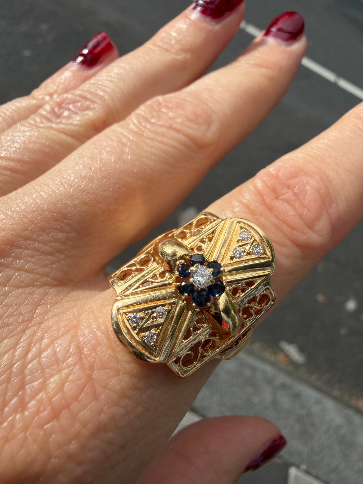 Prachtige 18k Gouden Ring met Saffieren en Zirconia, Sieraden, Tassen en Uiterlijk, Ophalen of Verzenden, Zo goed als nieuw, 17 tot 18