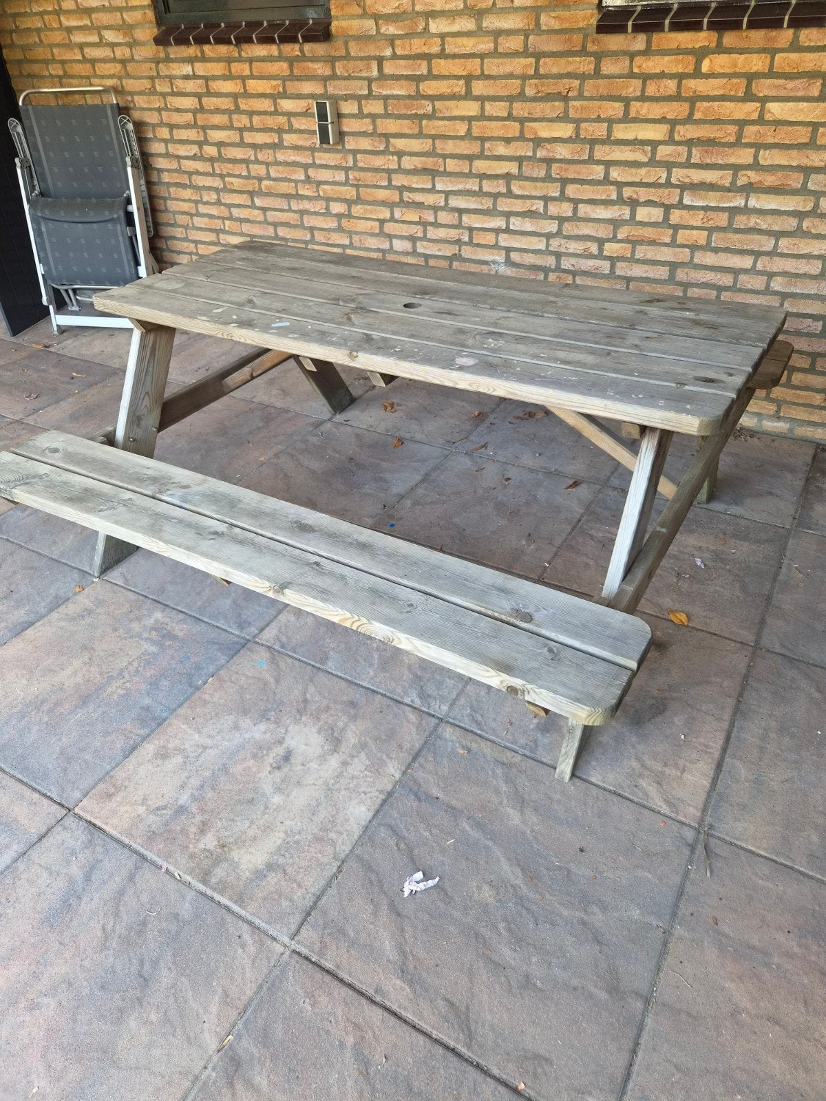 Houten picknicktafel met inklapbare bankjes, Ophalen, Gebruikt, Inklapbaar, Rechthoekig