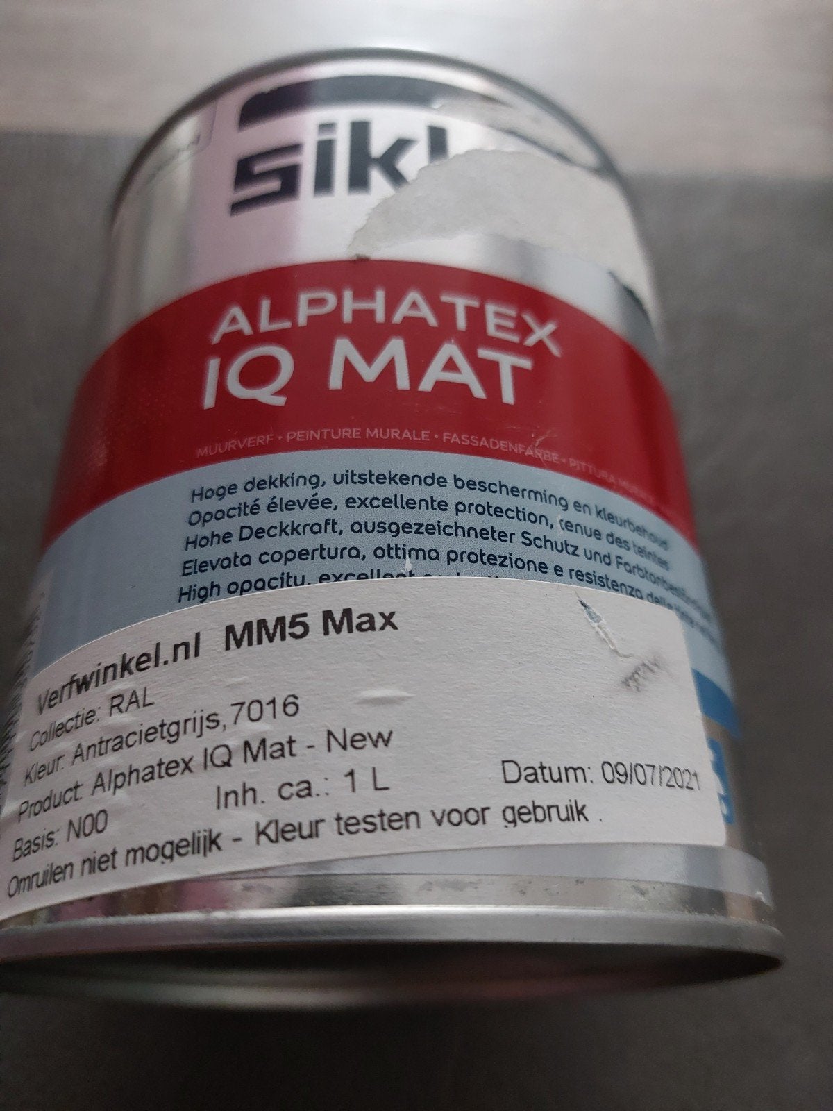 Sikkens Alphatex IQ Mat Muurverf Antracietgrijs 1L, Minder dan 5 liter, Ophalen of Verzenden, Nieuw