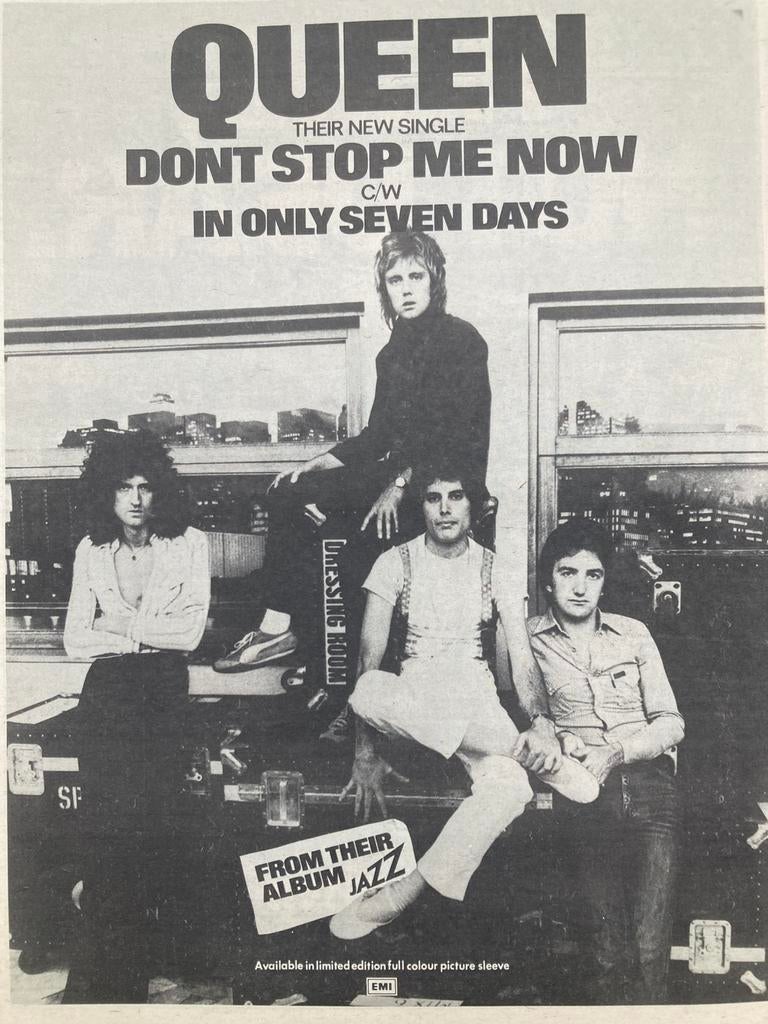 Paginagrote A3 advertentie QUEEN Don’t Stop Me Now release, Cd's en Dvd's, Vinyl | Rock, Ophalen of Verzenden, Poprock