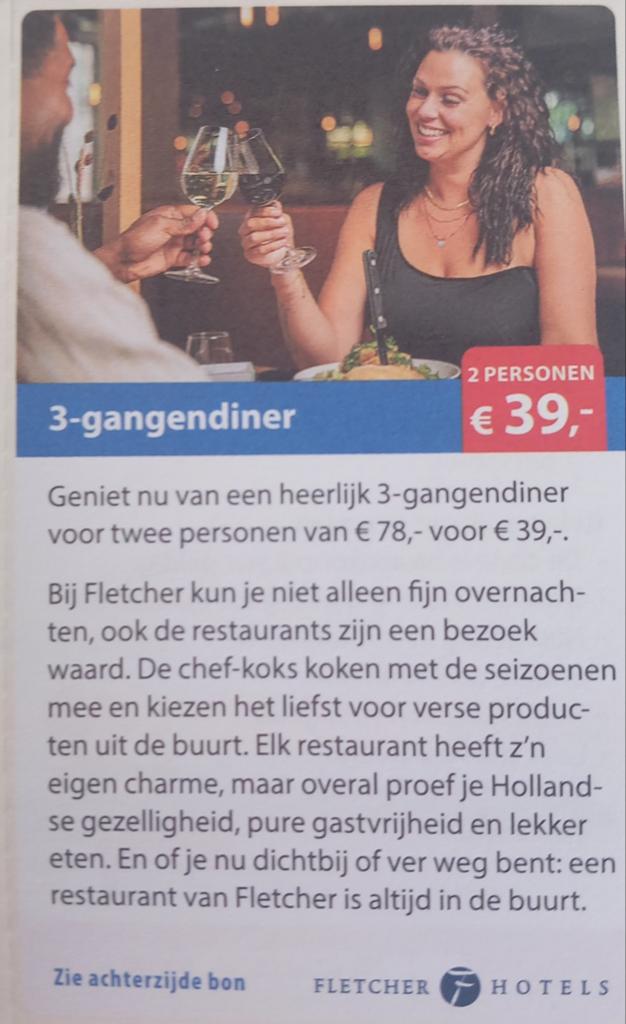 Fletcher hotels 39 euro korting op 3 gangen diner alle hotel, Twee personen, Kortingsbon