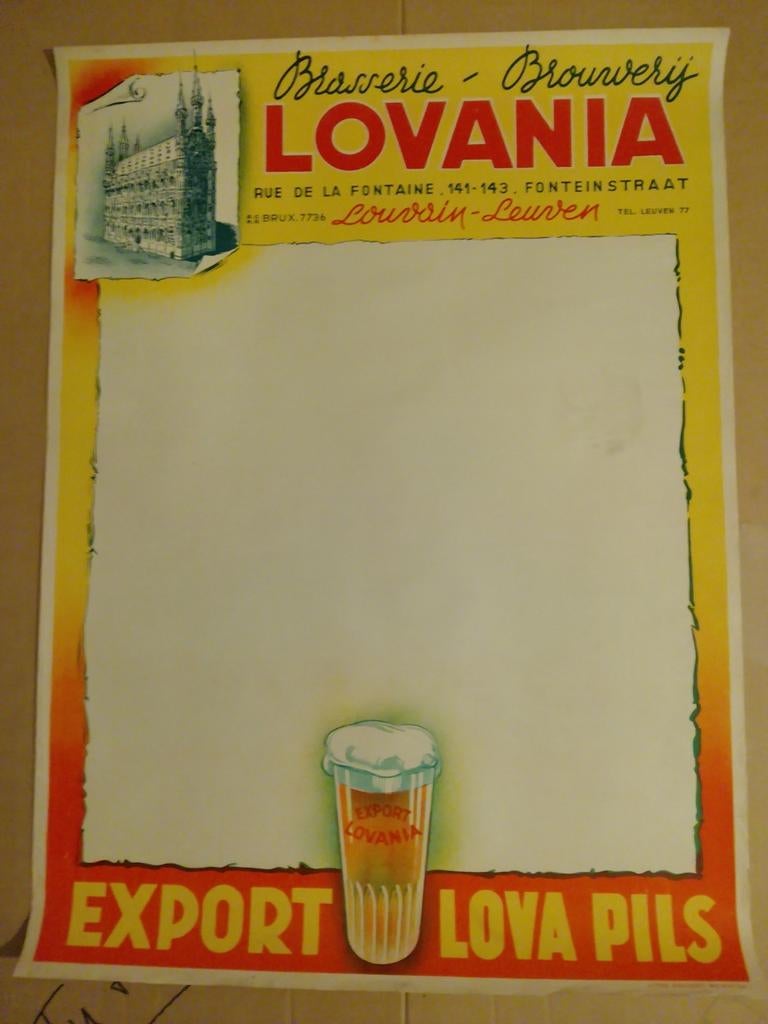 Oude reclame Brasserie Lovania Export Lova Pils. Leuven, Ophalen of Verzenden, A1 t/m A3, Reclame, Rechthoekig Staand