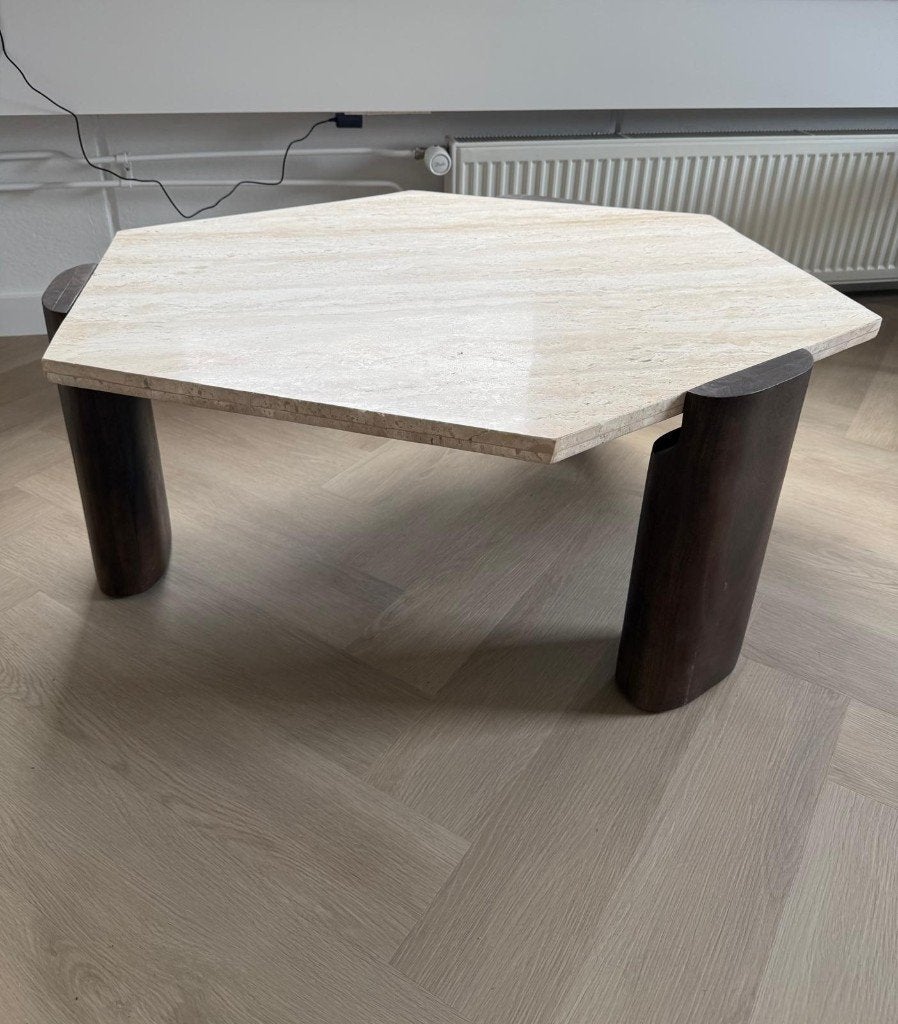 Hexagon salontafel travertinlook | Design | Japandi | Outlet, Ophalen, 3194DD, 100 tot 150 cm, Nieuw