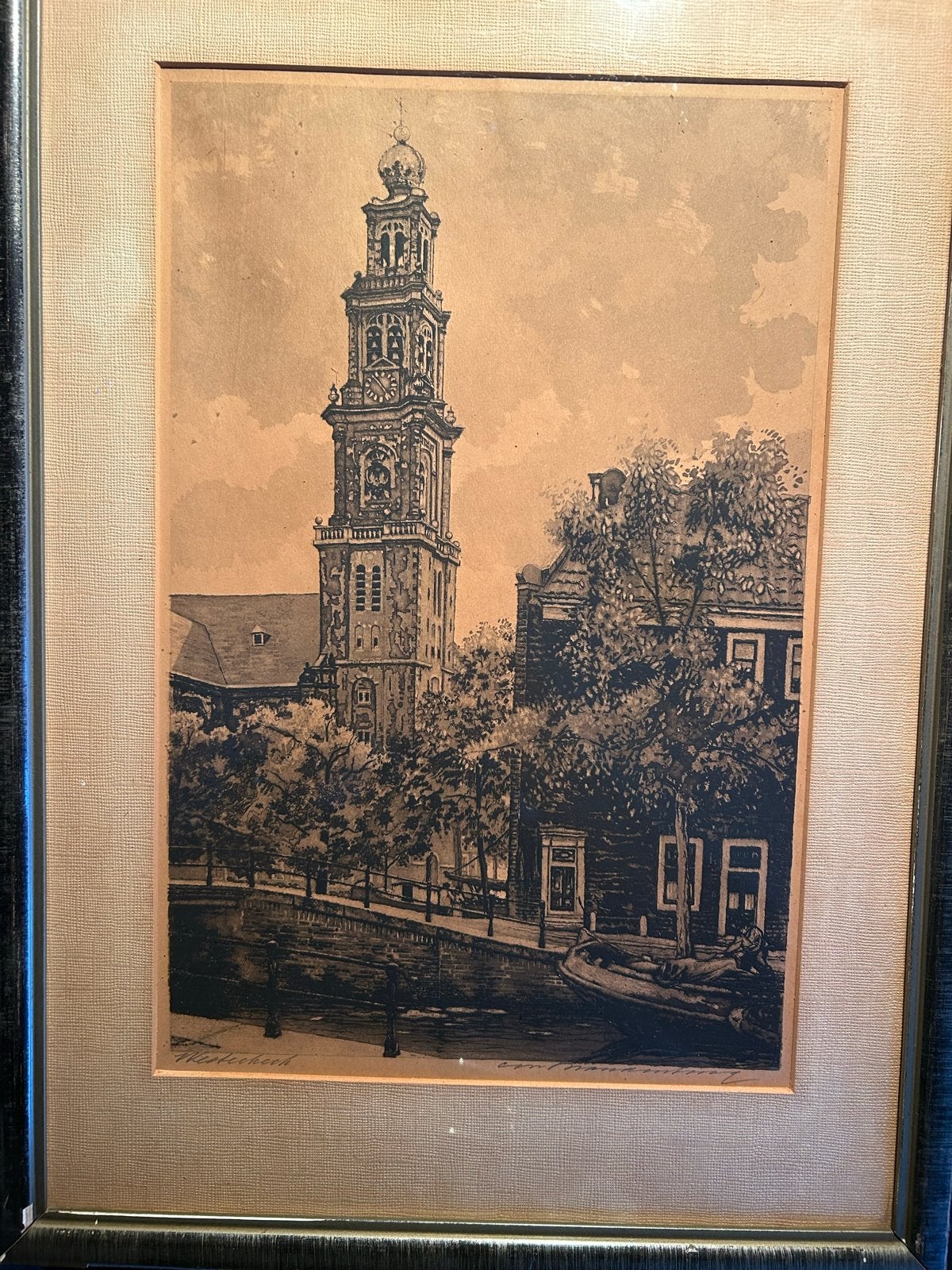 Oude ets van de Westerkerk in Amsterdam, eind 19e eeuw, Antiek en Kunst, Ingelijst, 1800 - 1899, Ets, Stadsgezicht