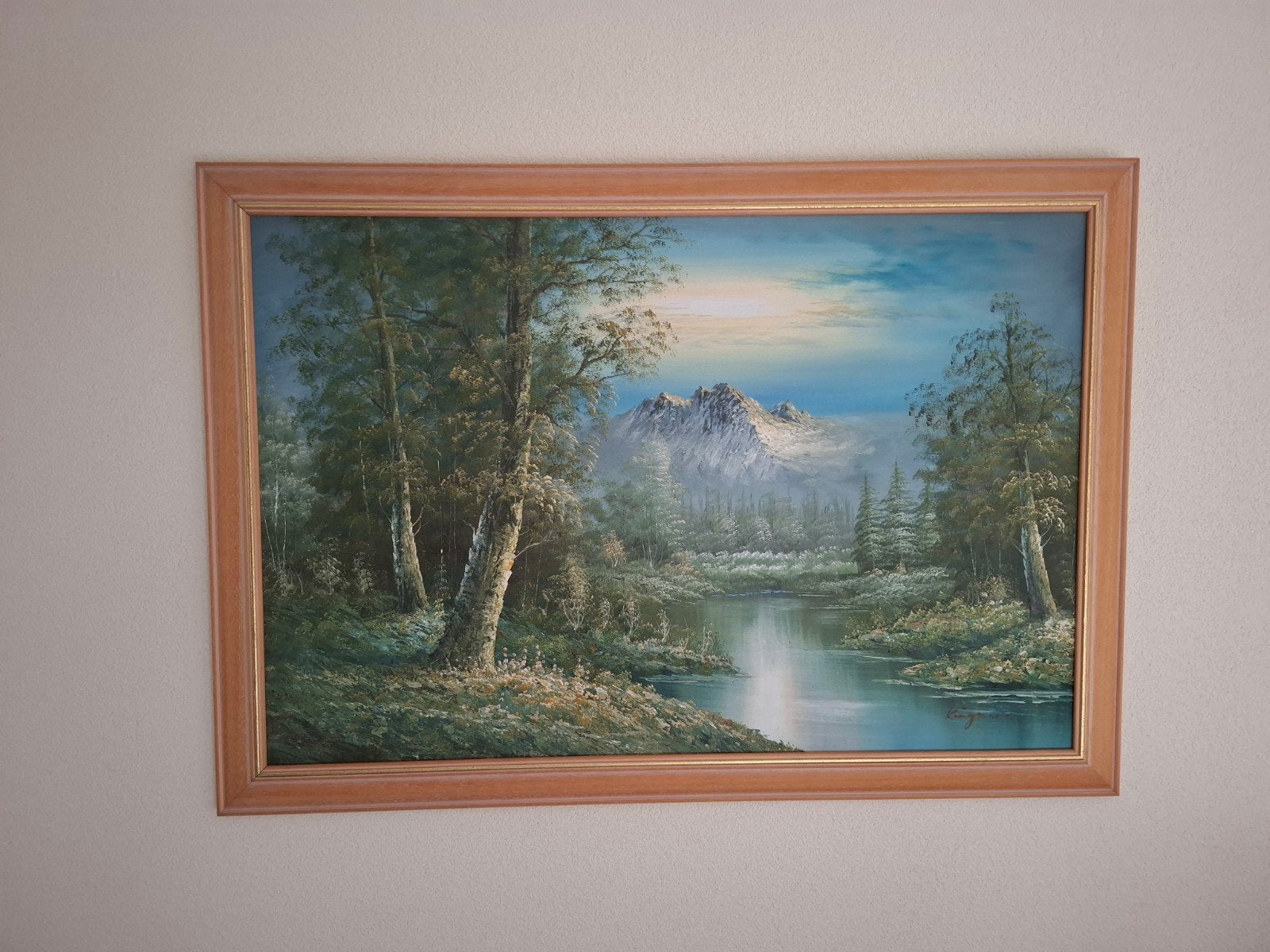 Berglandschap met Rivier en Bos, Ophalen, Handgeschilderd, Doek, Realistisch
