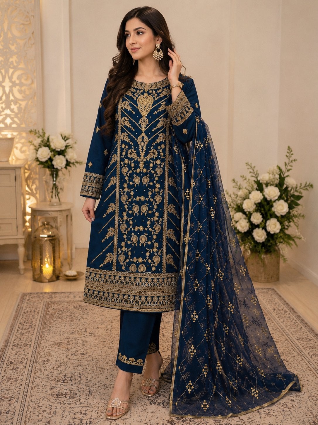 Prachtige Indiase/Pakistaanse jurk met borduursel, Blauw, Maat 42/44 (L), Nieuw, Ophalen of Verzenden