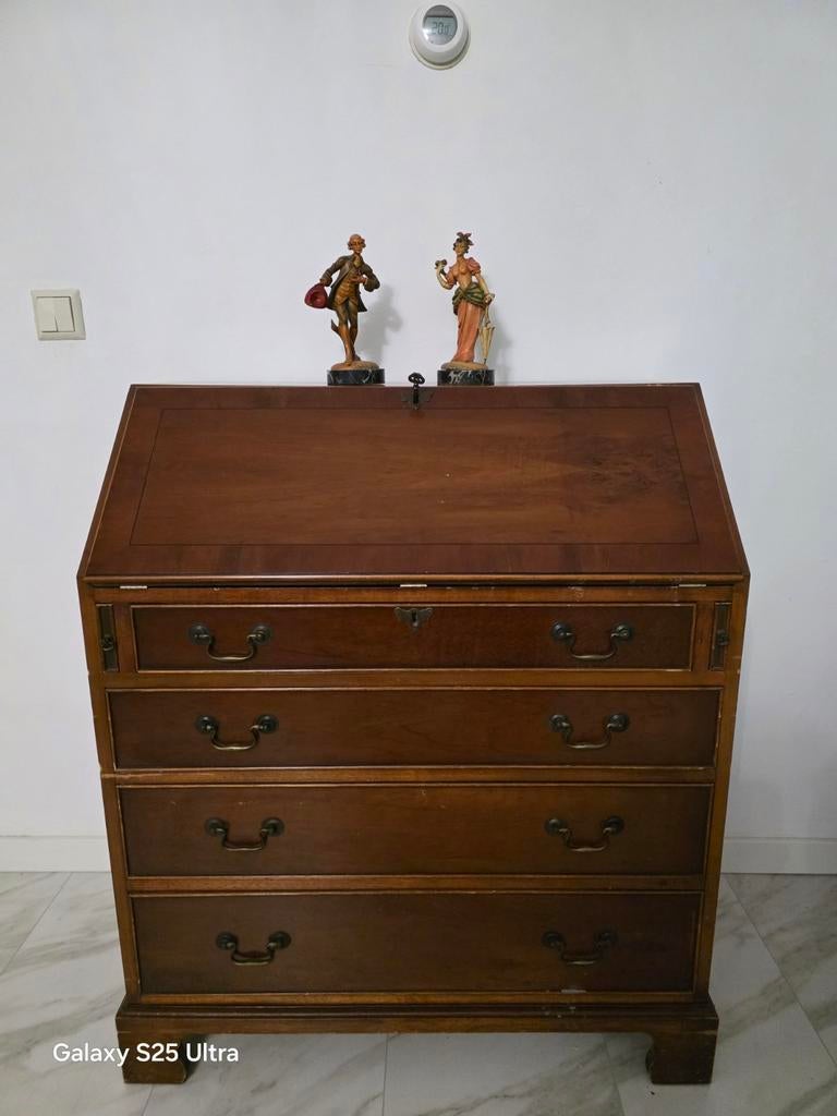 Engelse Secretaire met Lederen Inleg en 4 Laden, Ophalen, Gebruikt, Klassiek Engels