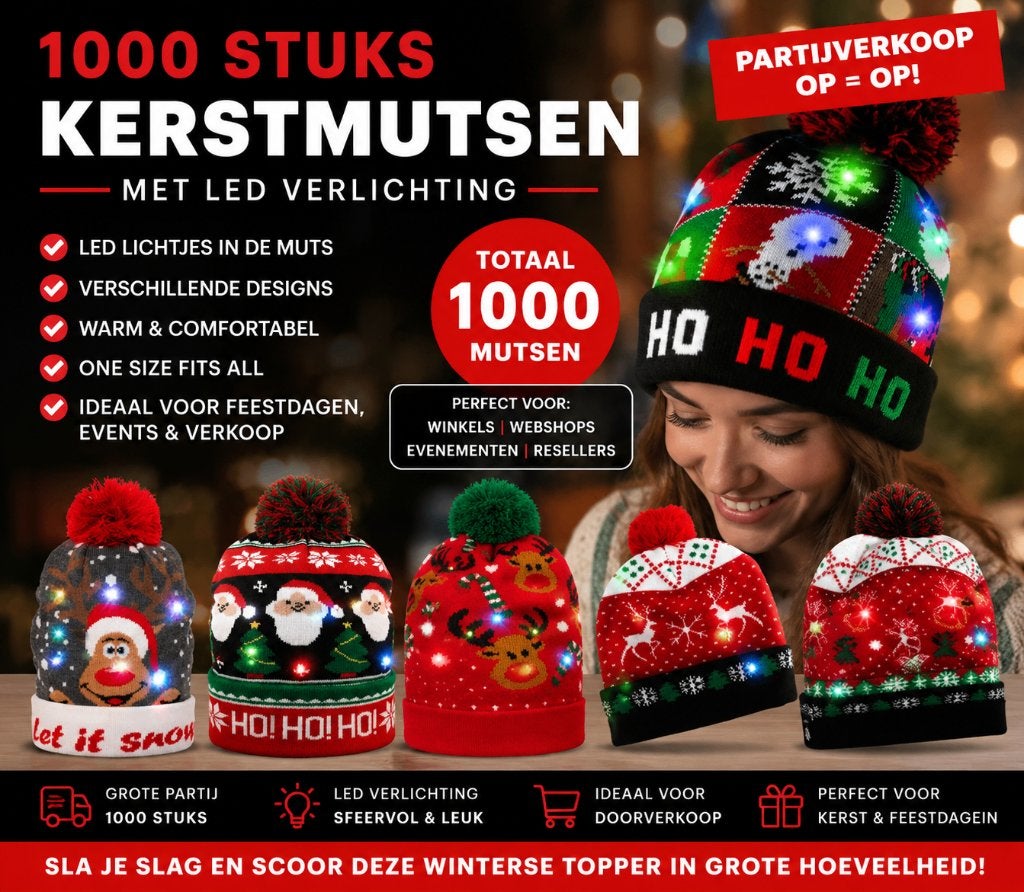 Partij kerstmutsen met led lichtjes 1000 stuks, Diversen, Kerst, Ophalen, Nieuw