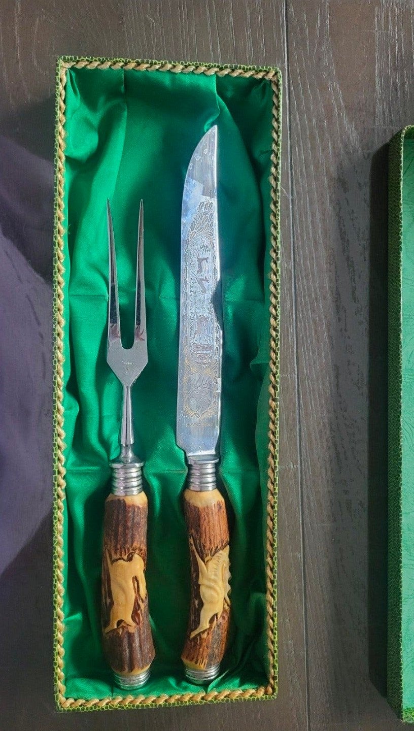 Vintage Vleesvork en Mes Set met Hertengewei Handvatten, Ophalen of Verzenden