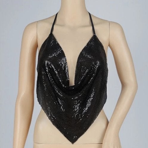 Metalen crop top (sexy halter v hals glitter dames vrouwen), Maat 38/40 (M), Overige kleuren, Verzenden, Nieuw