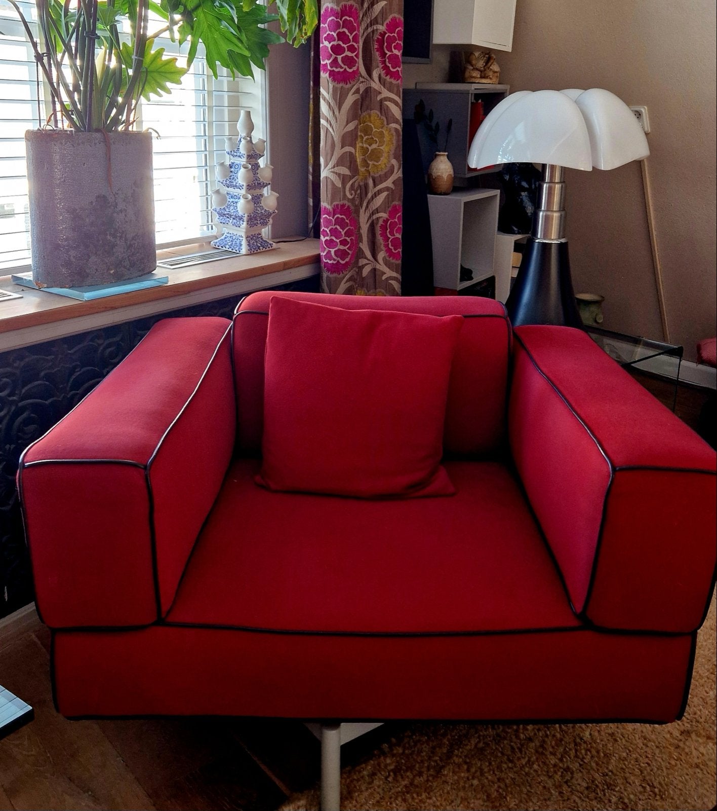 Cassina Reef Fauteuil - Piero Lissoni - Rood Wol/Leer, Ophalen, 75 tot 100 cm, Zo goed als nieuw, 75 tot 100 cm