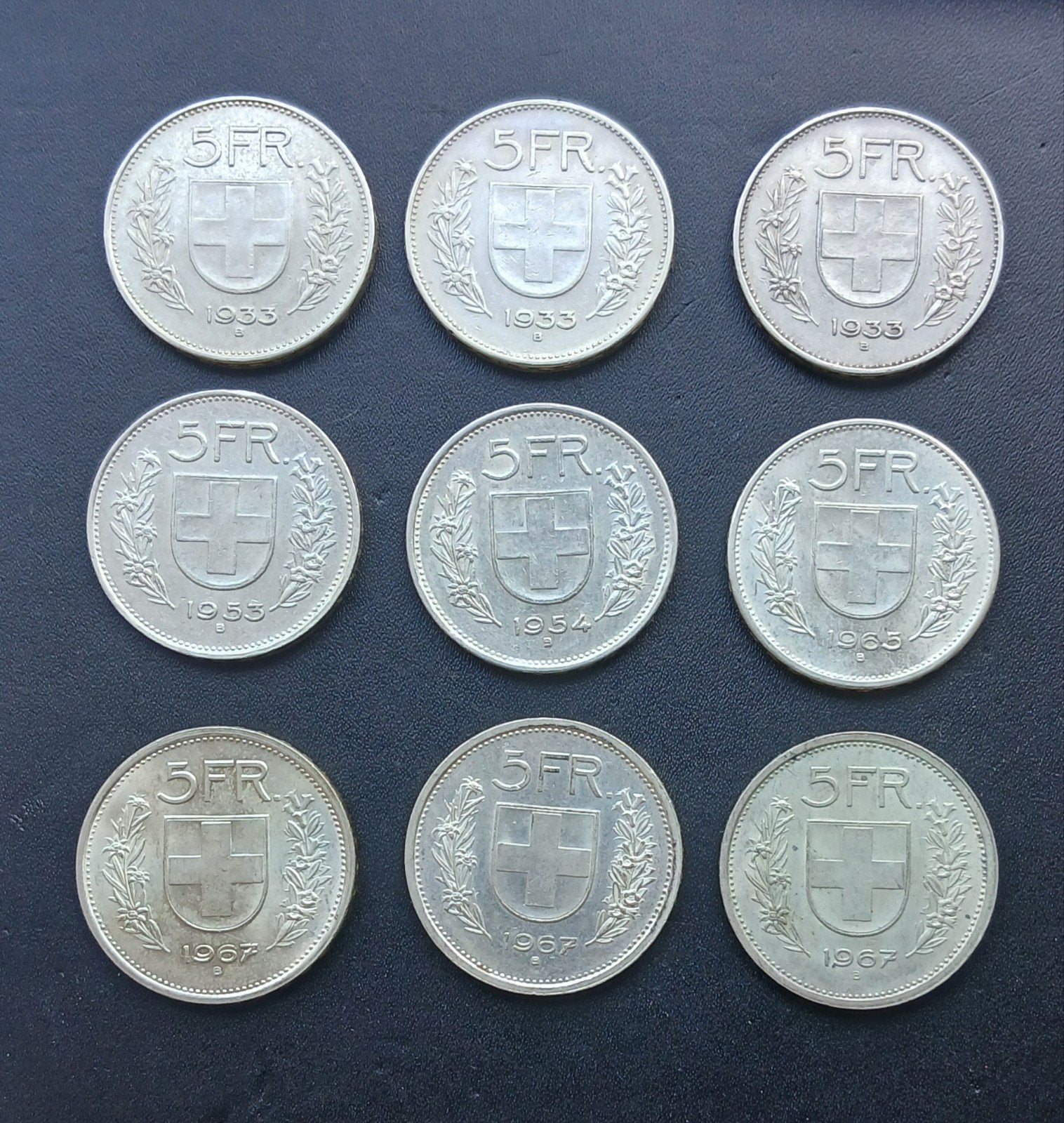 Zwitserland: 9x zilveren 5 frank 1933-1967, Postzegels en Munten, Verzenden, Overige landen, Setje, Zilver