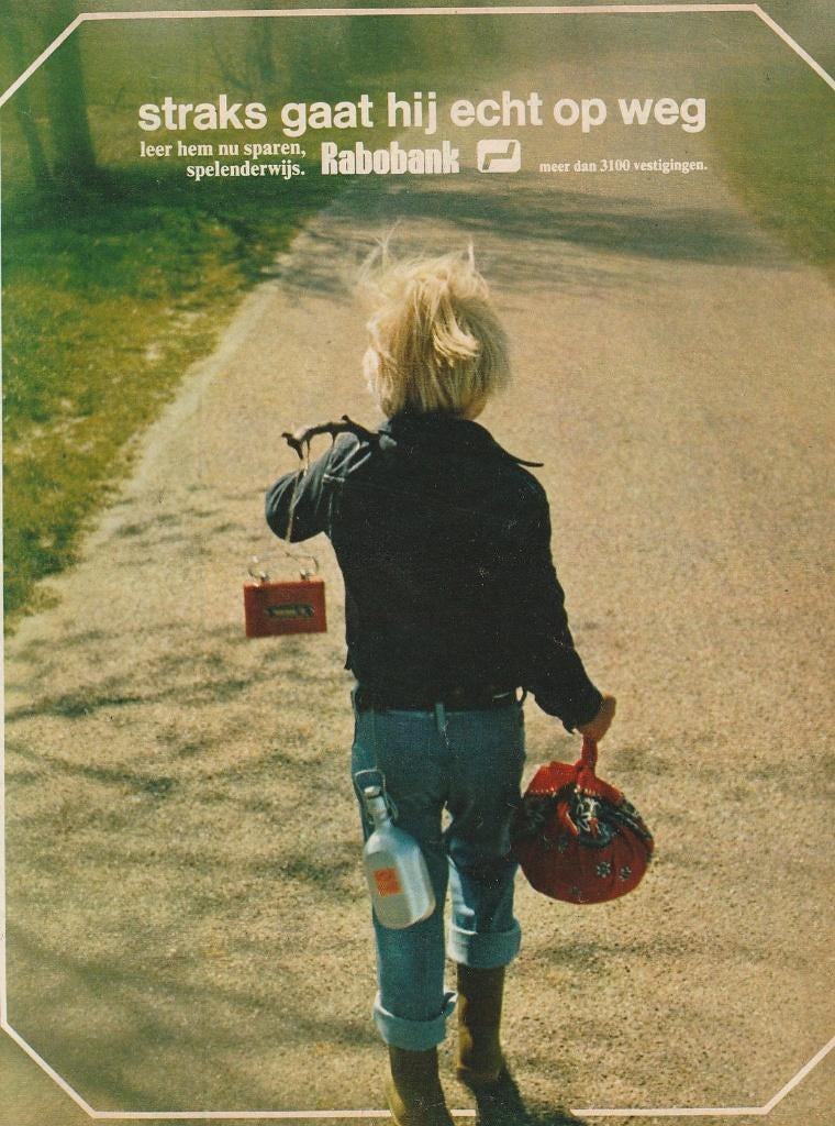 Retro reclame 1975 Rabobank jongetje gaat op avontuur, Verzamelen, Retro, Verzenden, Overige typen