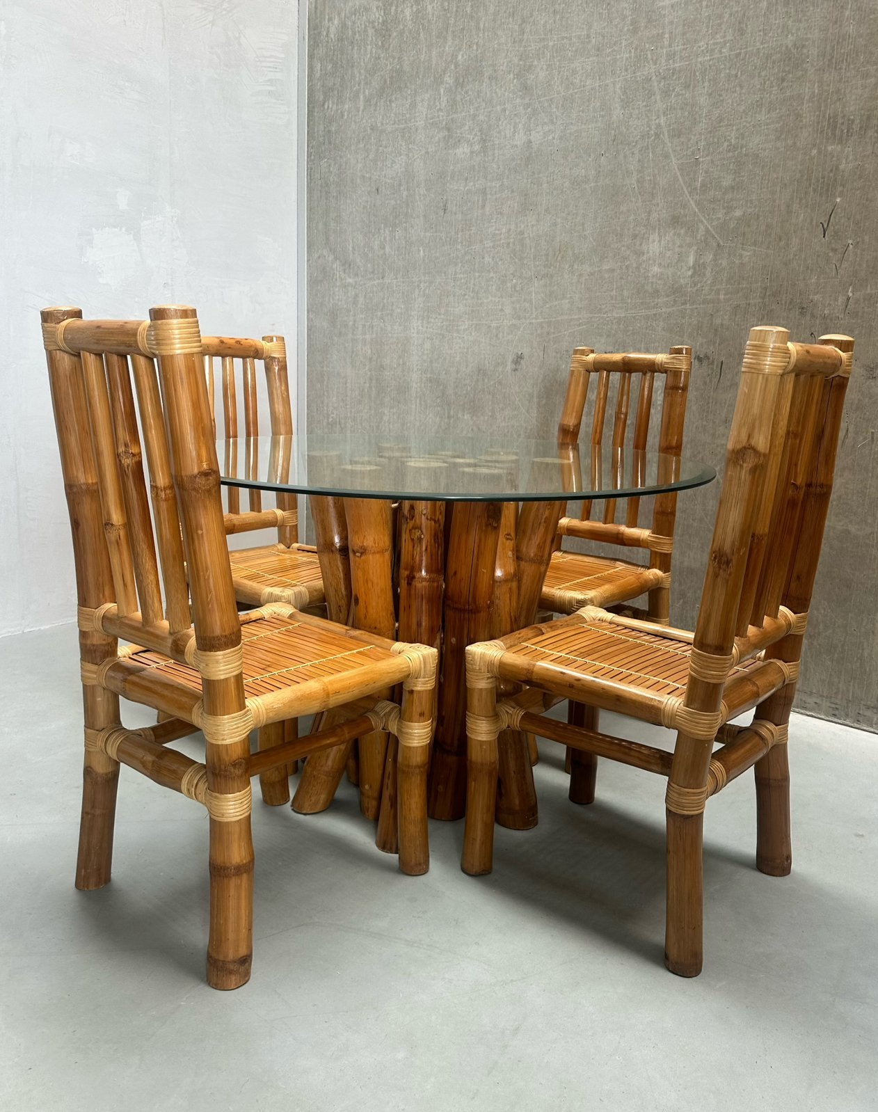 Vintage Bamboe Bohemian eetkamerset, Ophalen, Bruin, Vier, X