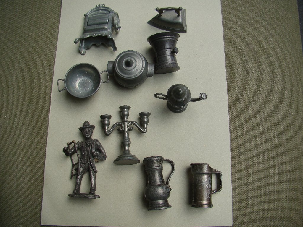tinnen miniaturen  ,vergiet ,strijk ijzer ,mannetje,enz, Antiek en Kunst, Ophalen of Verzenden