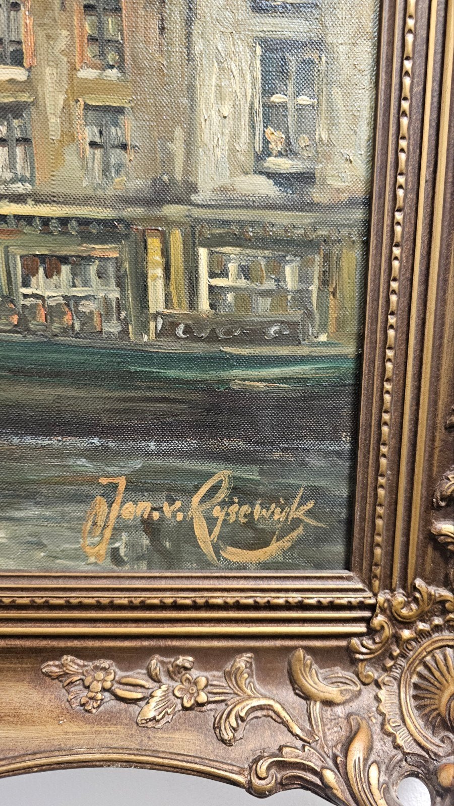 Jan van Rijsewijk Groot olieverfschilderij evt te ruil, Ophalen, Gesigneerd, Stads- / dorpsgezicht, Doek