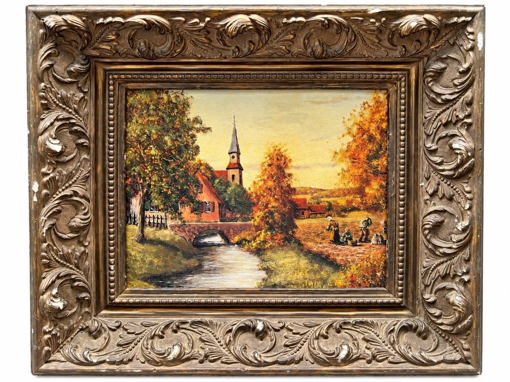 Vintage dorpsgezicht met rijk versierde lijst, Paneel, Realistisch, Bijzondere lijst, Ophalen of Verzenden