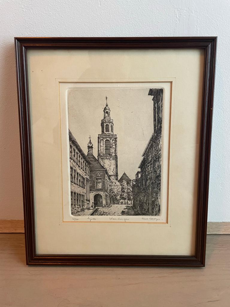 Ets Vlaardingen Anna Doedijns 61/200, Antiek en Kunst, 31 cm, Ets, Stadsgezicht, Origineel