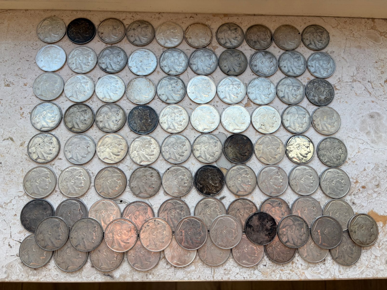 Partij 90x zilveren 20 francs belgie 1949-1953, Ophalen of Verzenden, Zilver