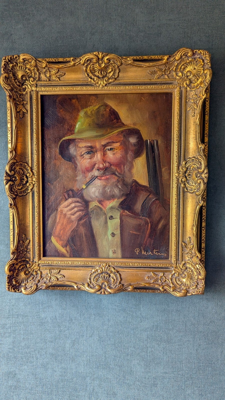 Olieverf Schilderij: Portret van een Pijprokende Jager, Antiek en Kunst, Doek, Portret of Personen, Realistisch, Ophalen of Verzenden