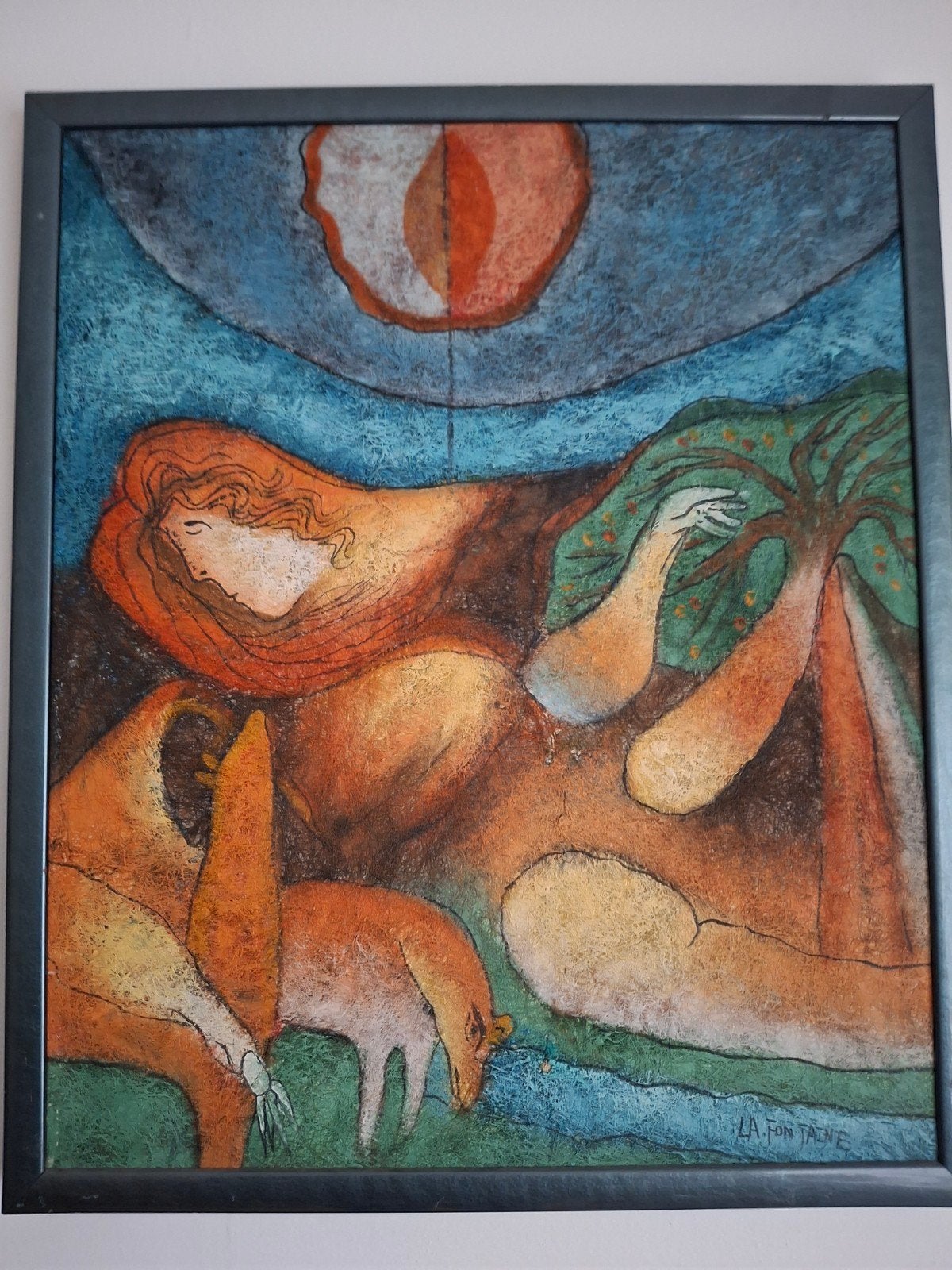 Modern schilderij La Fontaine - Vrouw en dieren, Ophalen of Verzenden, Overige materialen, Gesigneerd, Figuren