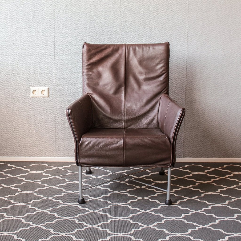 Montis Charly fauteuil, bruin leder - rvs onderstel, Niet ingevuld, Zo goed als nieuw, Niet ingevuld, Niet ingevuld