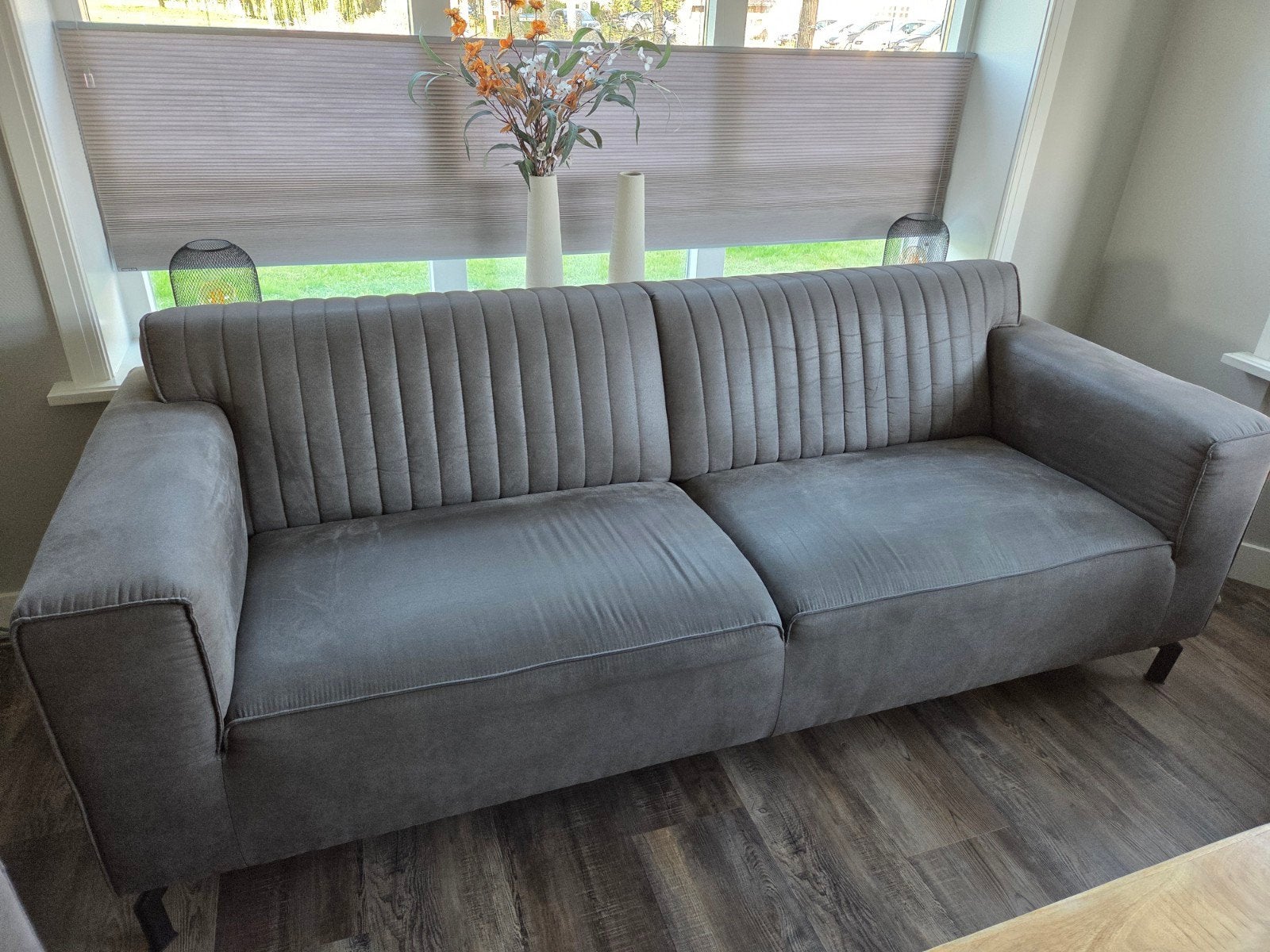 Grijs bankstel en 2 fauteuils, Ophalen, Gebruikt, 75 tot 100 cm, Rechte bank