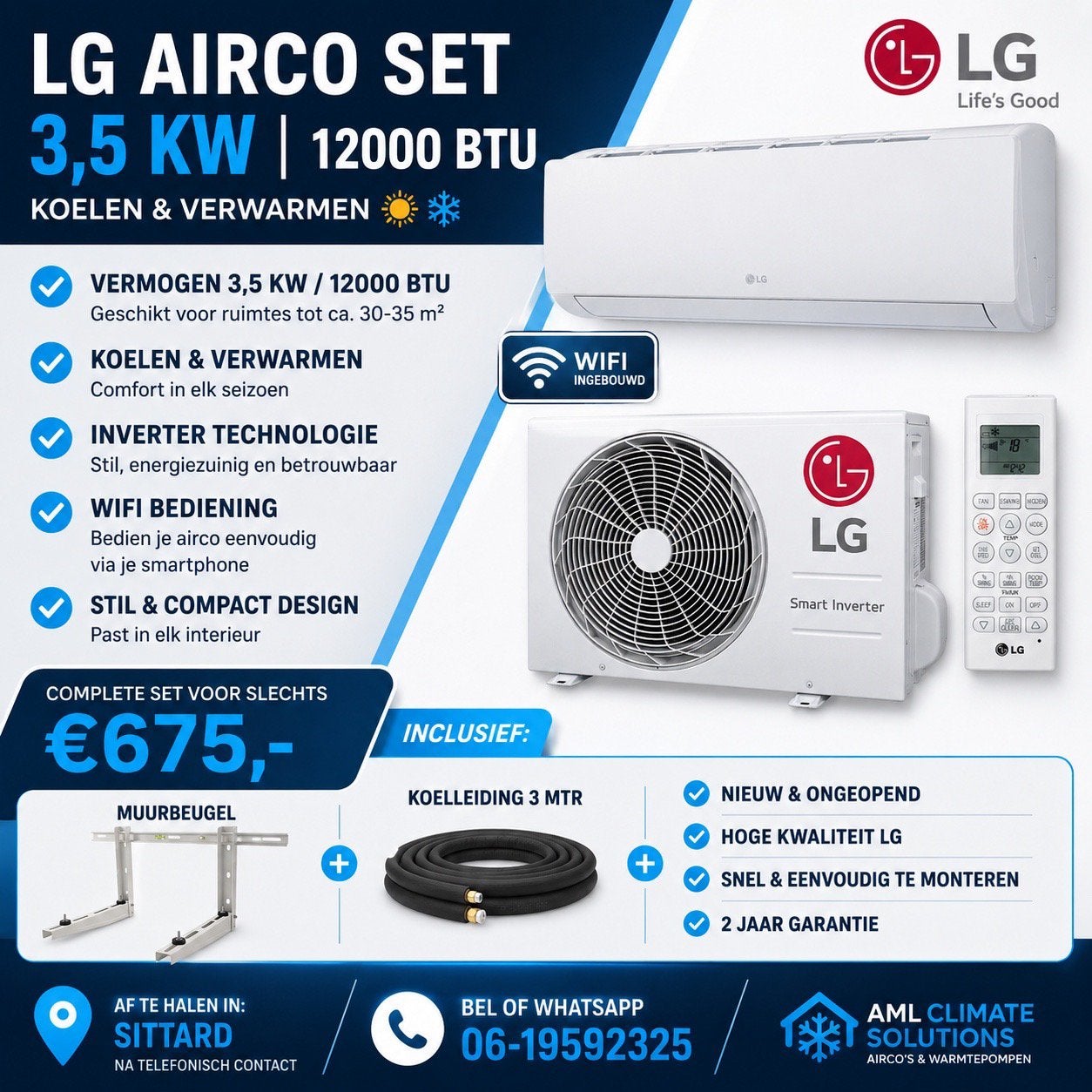 Airco LG WZ12 3,5 Kw 12000Btu met leiding en beugel, Ophalen, Koelen en Ontvochtigen, Timer, Nieuw