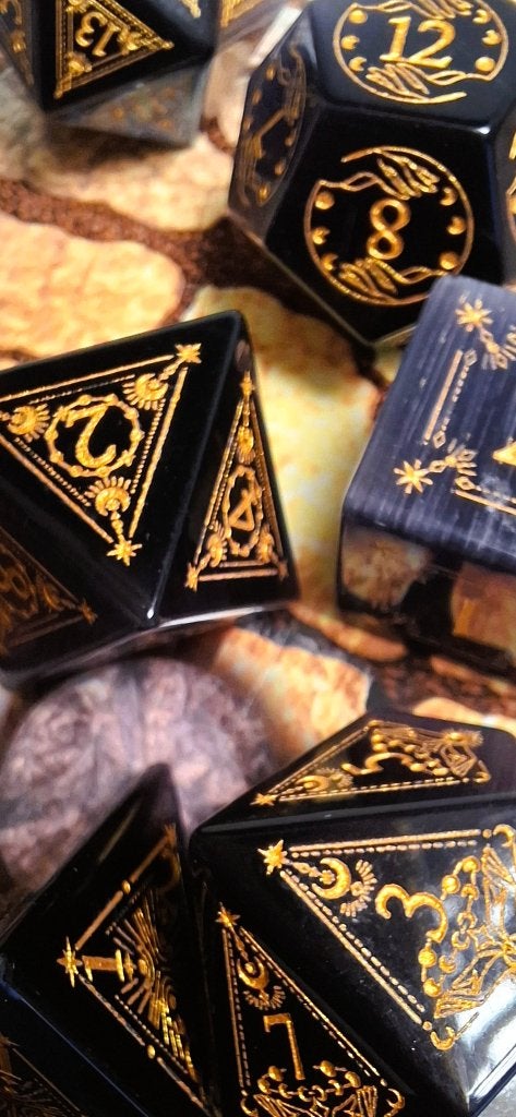 Luxe gegraveerde catseye D&D diceset natuursteen, Onbekend, Ophalen of Verzenden, Onbekend, Onbekend