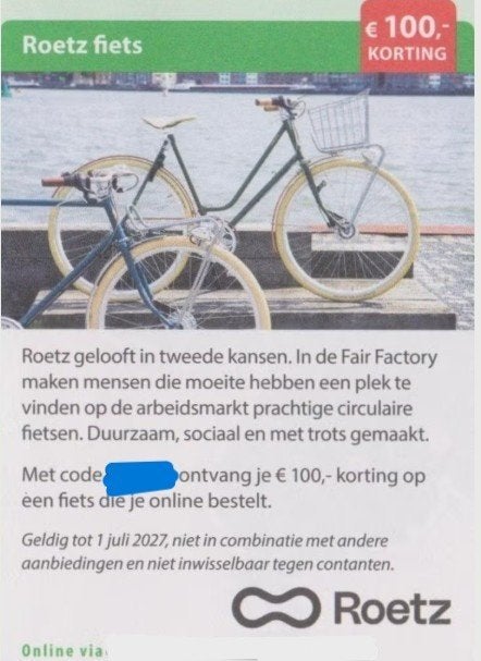 Roetz fiets -  €100,- kortingscode, Eén persoon, Kortingsbon, Warenhuis- of Winkelbon
