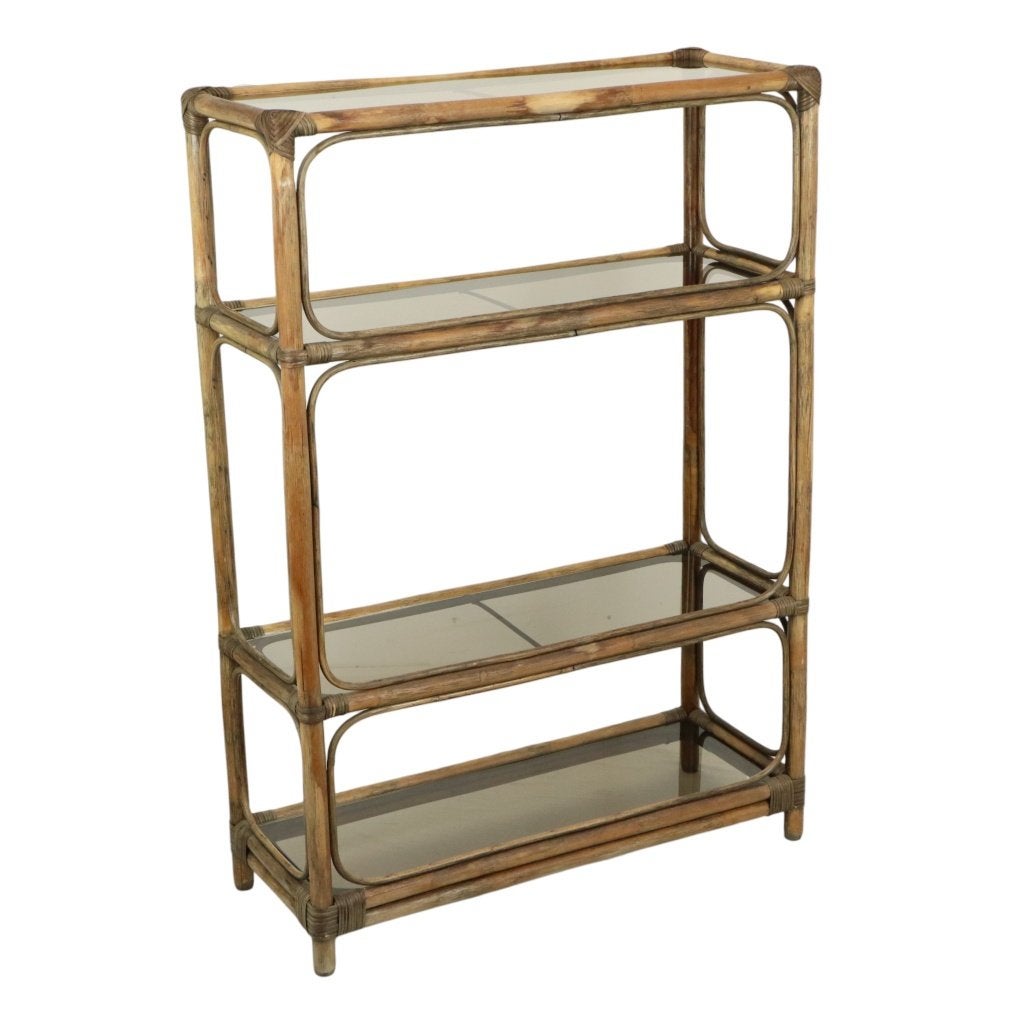 Vintage Boho Rek Boekenkast Bamboe en Rookglas 140cm, Ophalen, Met plank(en), Gebruikt, 100 tot 150 cm