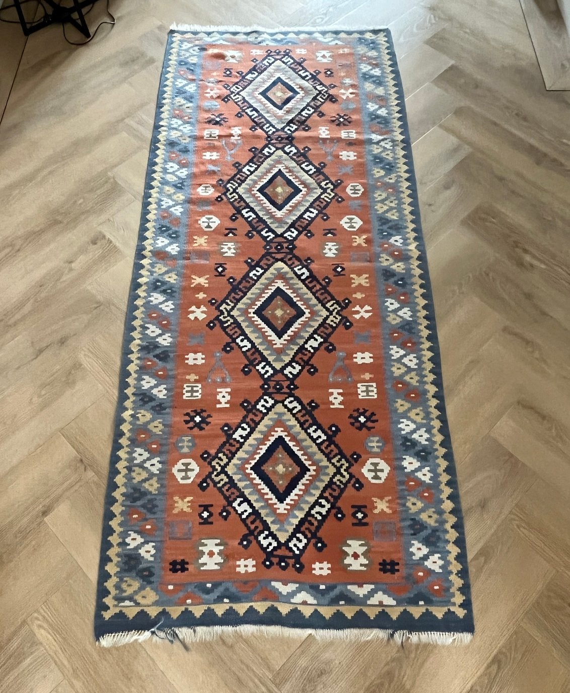 Vintage Kelim loper, handgeweven, 200x80 cm, Ophalen, Gebruikt, Overige kleuren, 200 cm of meer