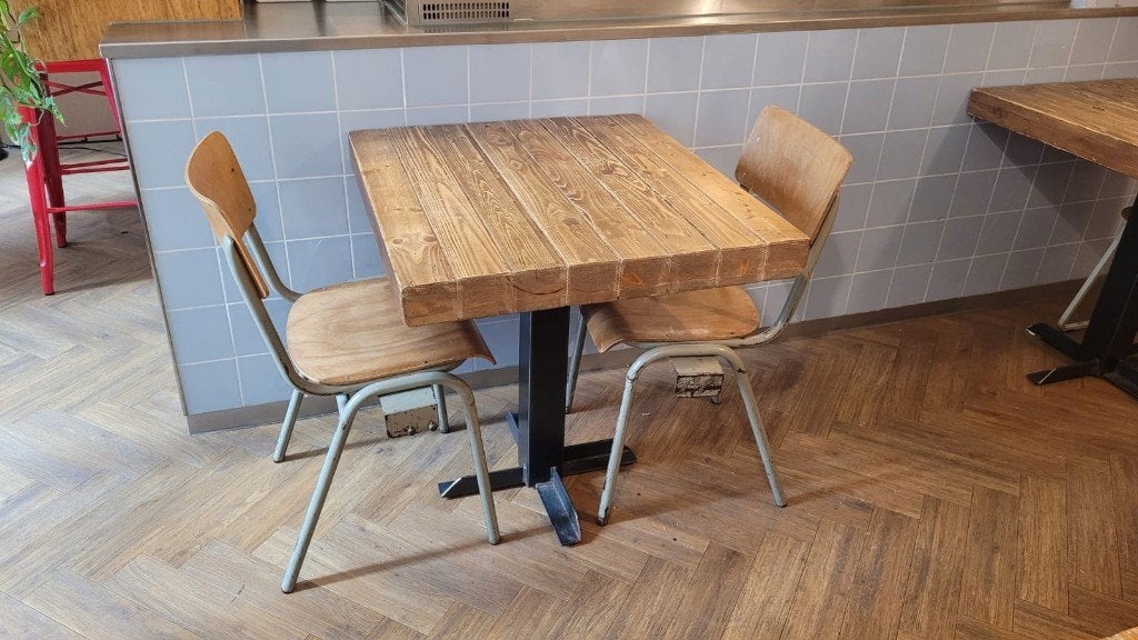 Brut industriële houten eettafel | Horeca | 7279,5 cm, Huis en Inrichting, Tafels | Eettafels, Ophalen, Gebruikt, 50 tot 100 cm