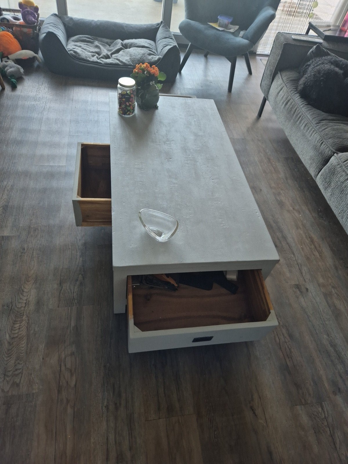 Salontafel met erg veel opbergruimte soft gray, Huis en Inrichting, Tafels | Salontafels, Ophalen, Gebruikt, 100 tot 150 cm, Teakhout