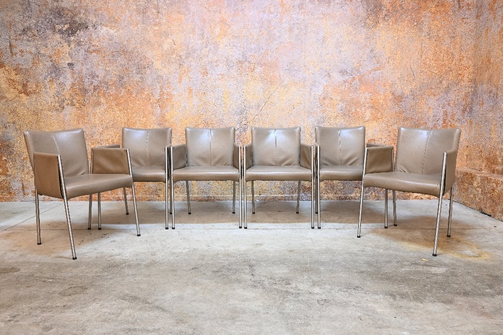 ZGANieuw 6 Topform Parc design stoelen in taupekleur leer, Huis en Inrichting, Bruin, Ophalen of Verzenden, Zo goed als nieuw