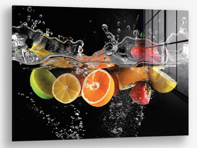 Glasschilderij Fruits Splash 100x150 - Gehard glas, Ophangklaar, Stilleven, Glas, Ophalen of Verzenden