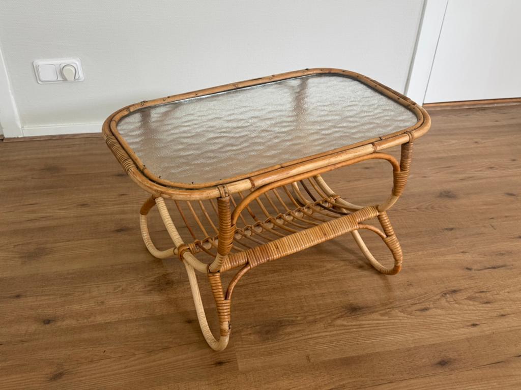 Vintage Rotan bijzettafel salontafel rechthoek met glas, Huis en Inrichting, Tafels | Bijzettafels, Ophalen, Minder dan 45 cm