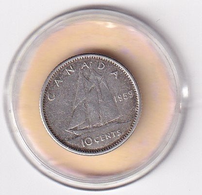 Canada 10 Cent 1959 Zeer Goed met Patina, Verzenden, Noord-Amerika, Zilver