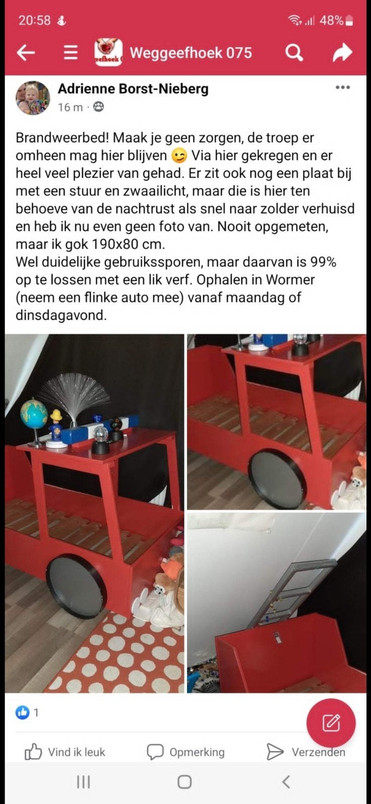 Brandweerbed voor kinderen - Inclusief stuur en zwaailicht, Huis en Inrichting, Gebruikt, Eenpersoons, 80 cm, Rood