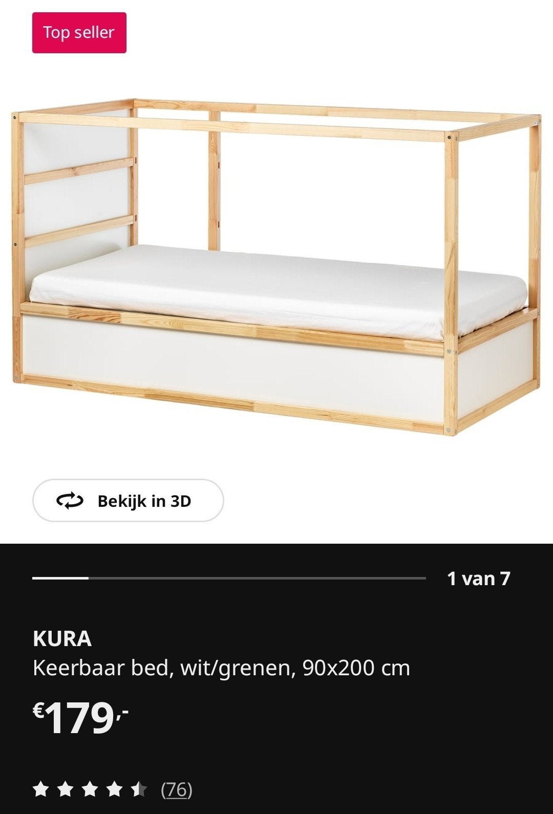 IKEA KURA omkeerbaar bed, wit/grenen, 90x200 cm, Ophalen, 85 tot 100 cm, Lattenbodem, Zo goed als nieuw