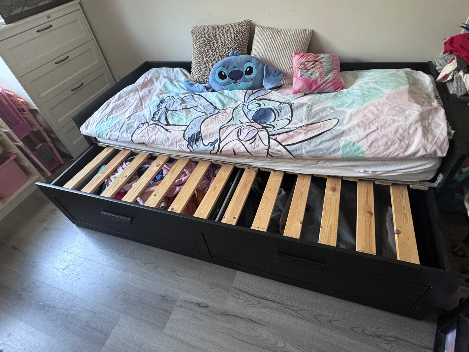 Tweepersoonsbed met lades 200x90, Ophalen, Gebruikt, 90 cm, Zwart