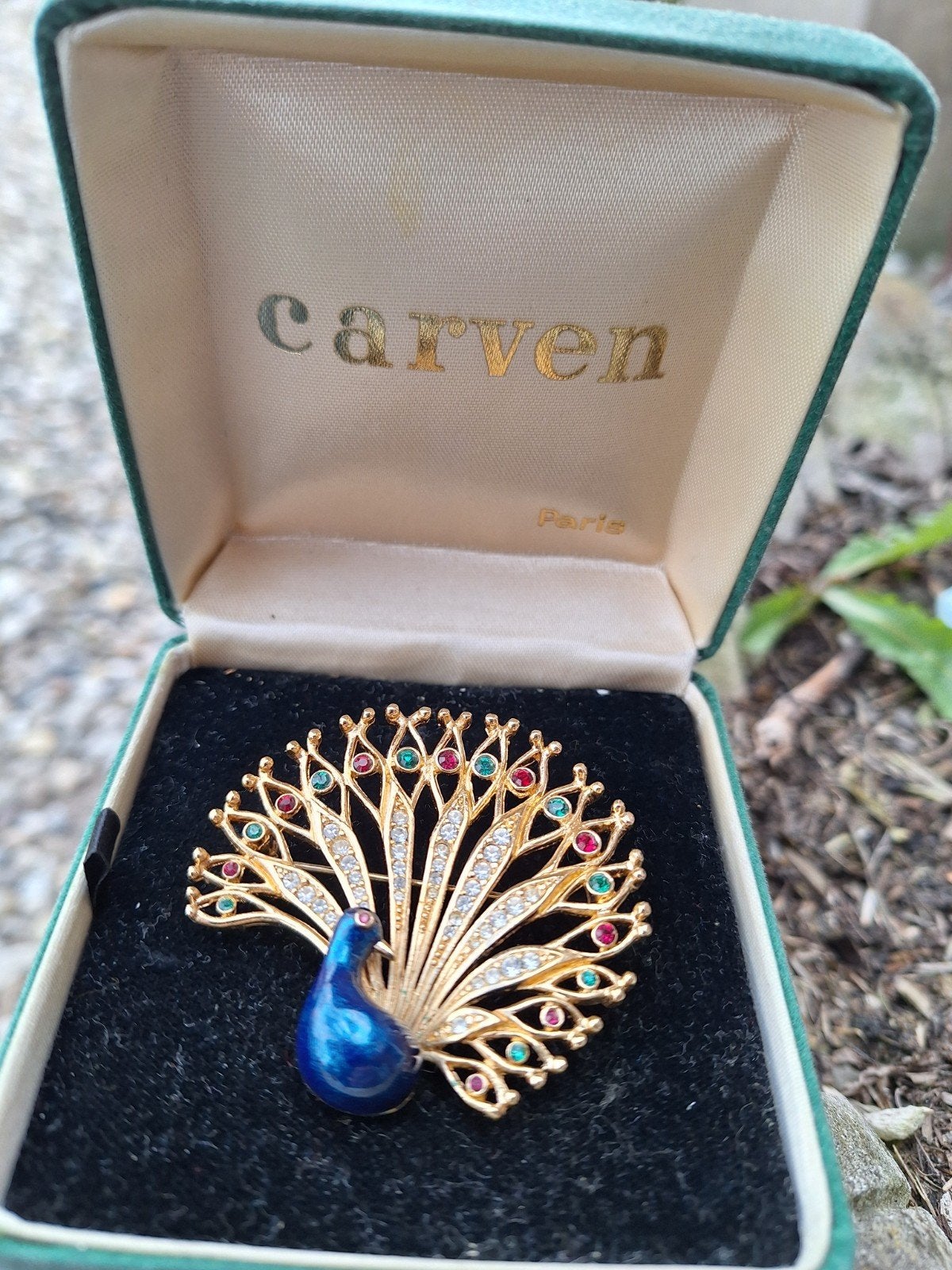 Vintage Carven Pauw Broche met Kristallen en Emaille, Met kristal, Overige materialen, 4 tot 7 cm, Ophalen of Verzenden