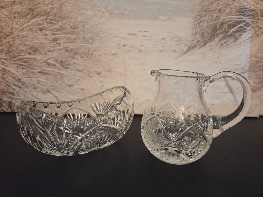 Vintage kristallen roomstel melkkan en suikerkom, Ophalen of Verzenden