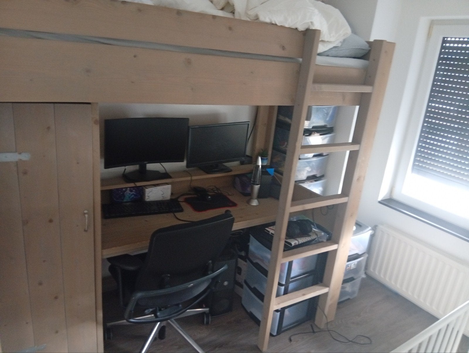 Hoogslaper met bureau en kast - massief hout, Ophalen, Gebruikt, 90 cm, 200 cm