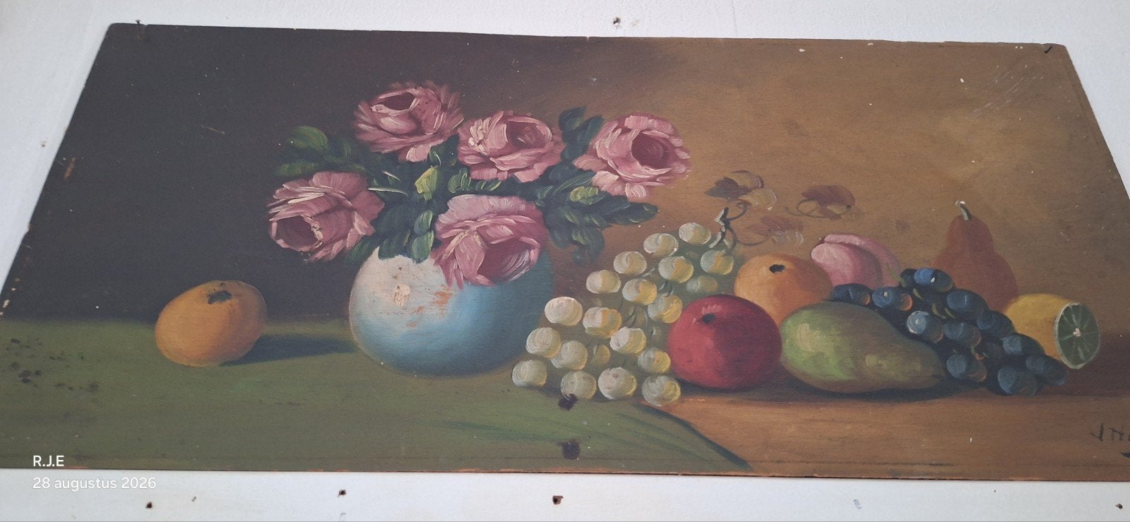 Mooi schilderij: Stilleven met bloemen en fruit, Antiek en Kunst, Kunst | Schilderijen | Klassiek, Ophalen, Paneel, Stilleven