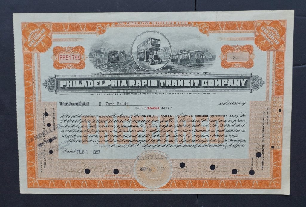 Philadelphia Rapid Transit Company 1927, Verzenden, 1920 tot 1950, Certificaat van aandeel