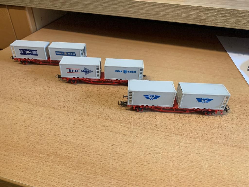 Piko Cargo  3 stuks  containerdraagwagens  met containers, Gebruikt, Gelijkstroom, Wagon, Piko