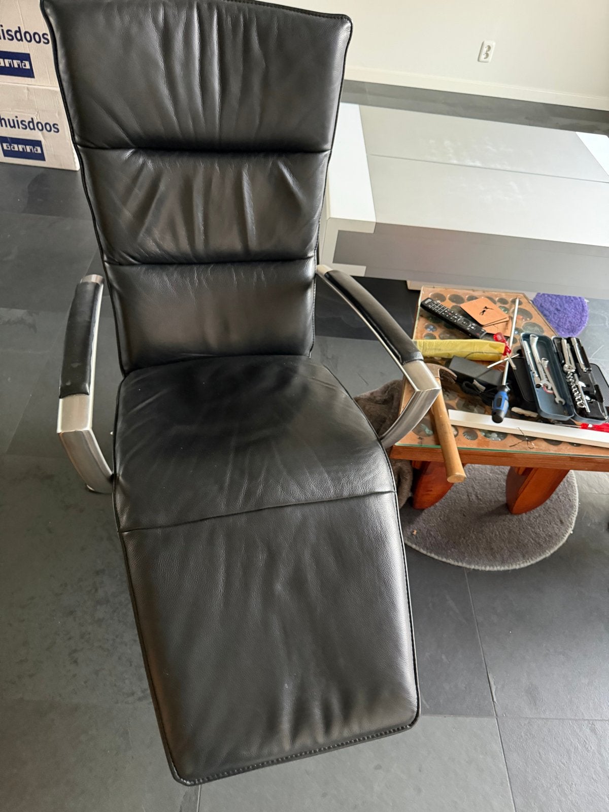 Topform Relax Stoel XL - Zwart Leer, Ophalen, Gebruikt, Leer, 50 tot 75 cm