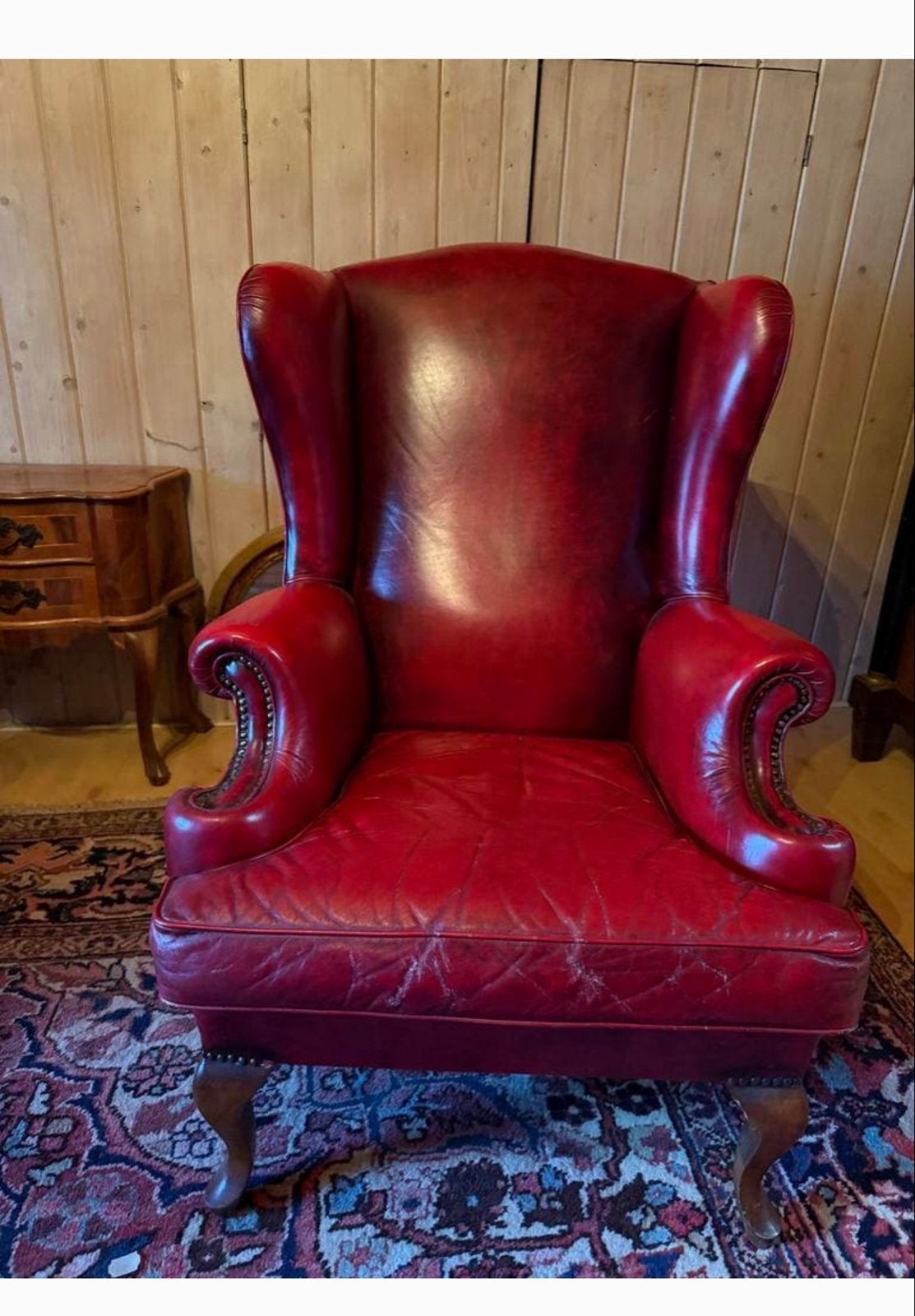 Vintage Wingback Fauteuil - Klassiek Rood Leer, Ophalen, Gebruikt, Leer, 75 tot 100 cm